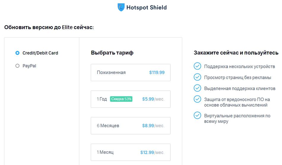 Цена сервиса Hotspot Shield